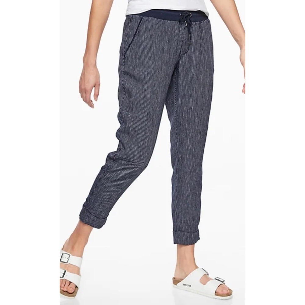 Athleta Womens Bali‎ Stripe Linen Ankle Cuffed Pant Pinstripe Summer Navy Sz 10